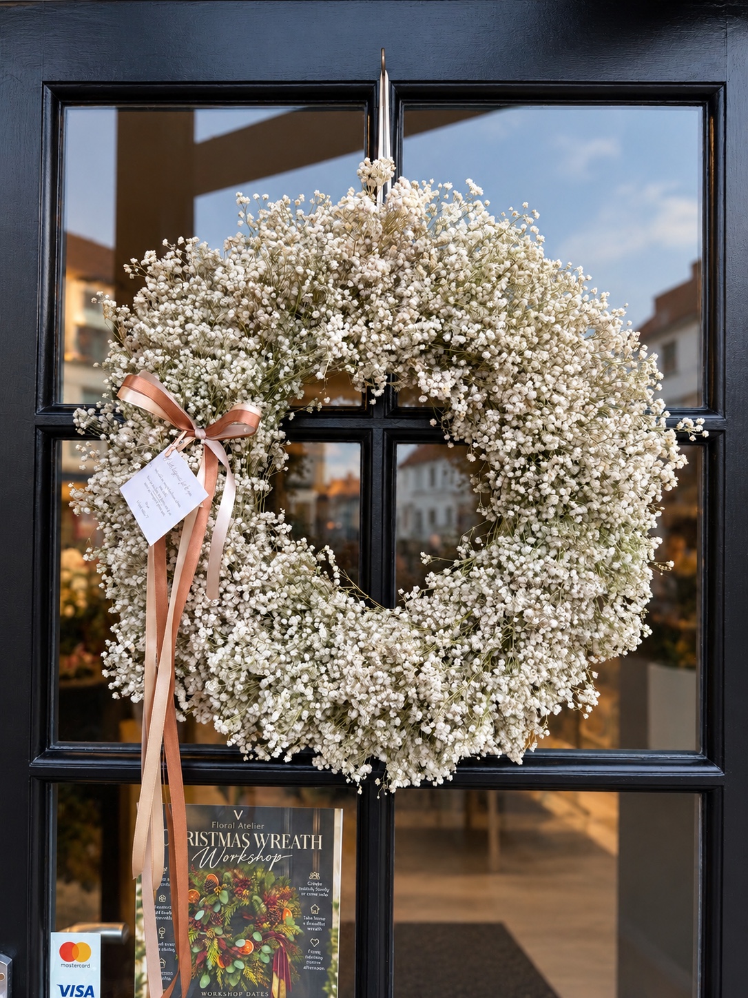 Large handmade dried gypsophila wreath with blush and champagne ribbons on a dark door